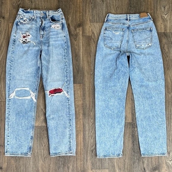 American Eagle Women Size 0 Highest Rise 90s Boyfriend Straight Leg Plaid Jeans - Picture 1 of 9